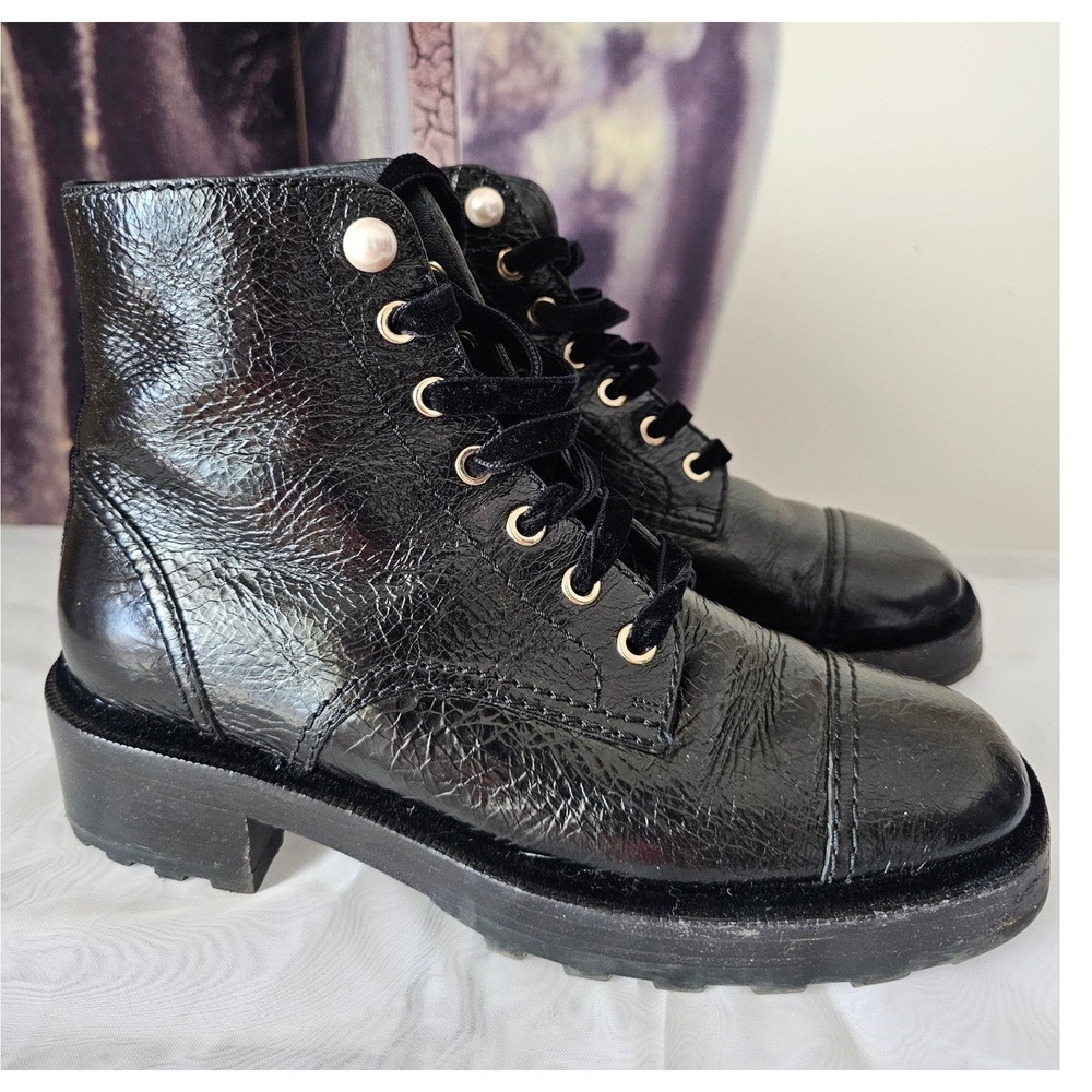 CHANEL Black Leather Combat Boots Pearl Embellish Velvet Lace Block Heel 39 TP01